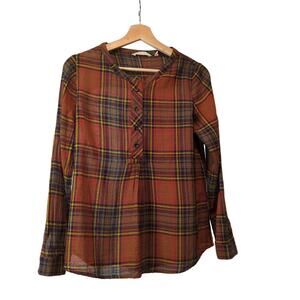 Soft Surroundings Brown Plaid Top Cotton Size Small Henley Western Country